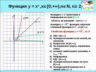 Функция у = хn ,х[0;+),nN, n 2Функция у = хn монотонна и непрерывна на луче [0;+