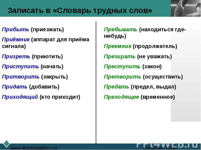 Записать в «Словарь трудных слов»Прибыть (приезжать)Приёмник (аппарат для приёма сигнала)Призреть (приютить)Приступить (начать)Притворить (закрыть)Придать (добавить)Приходящий (кто приходит)Пребывать (находиться где-нибудь)Преемник (продолжатель)Пре…