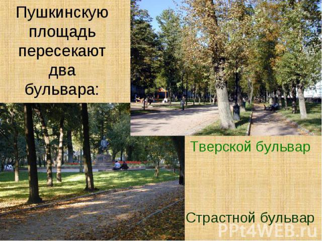 Пушкинскую площадь пересекают два бульвара:Тверской бульварСтрастной бульвар