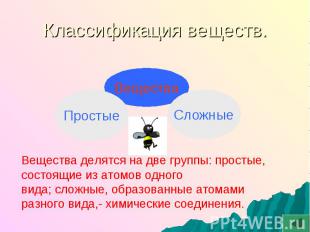 Классификация веществ.Вещества делятся на две группы: простые, состоящие из атом