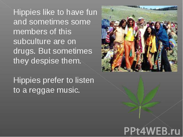 Hippies like to have fun and sometimes some members of this subculture are on drugs. But sometimes they despise them.Hippies prefer to listen to a reggae music.