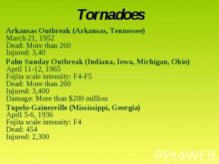 TornadoesArkansas Outbreak (Arkansas, Tennessee)March 21, 1952Dead: More than 26