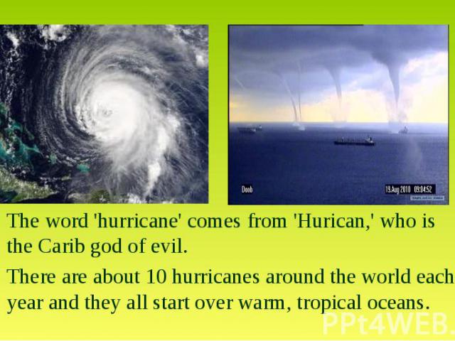 The word 'hurricane' comes from 'Hurican,' who is the Carib god of evil.There are about 10 hurricanes around the world each year and they all start over warm, tropical oceans.