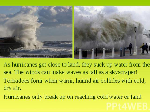 As hurricanes get close to land, they suck up water from the sea. The winds can make waves as tall as a skyscraper!Tornadoes form when warm, humid air collides with cold, dry air. •Hurricanes only break up on reaching cold water or land.