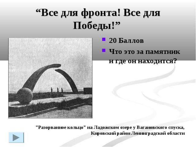 “Все для фронта! Все для Победы!” 20 БалловЧто это за памятник и где он находится?