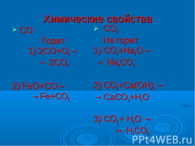Химические свойстваСОГорит1) 2СО+О2→→ 2СО22) FeO+СО→ →Fe+CO2СО2 Не горит1) СО2+Na2O→ → Na2CO32) СО2+Ca(OH)2 → → CaCO3+H2O3) СО2 + H2O ↔ ↔ H2CO3