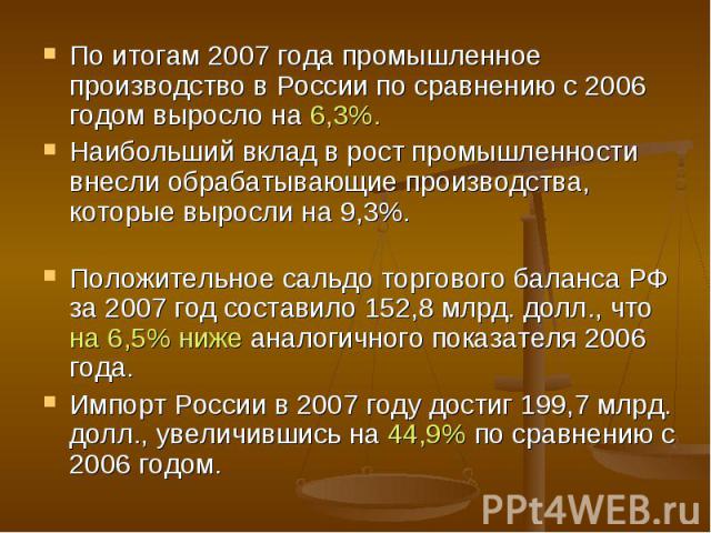 По итогам 2007 года промышленное производство в России по сравнению с 2006 годом выросло на 6,3%. По итогам 2007 года промышленное производство в России по сравнению с 2006 годом выросло на 6,3%. Наибольший вклад в рост промышленности внесли обрабат…